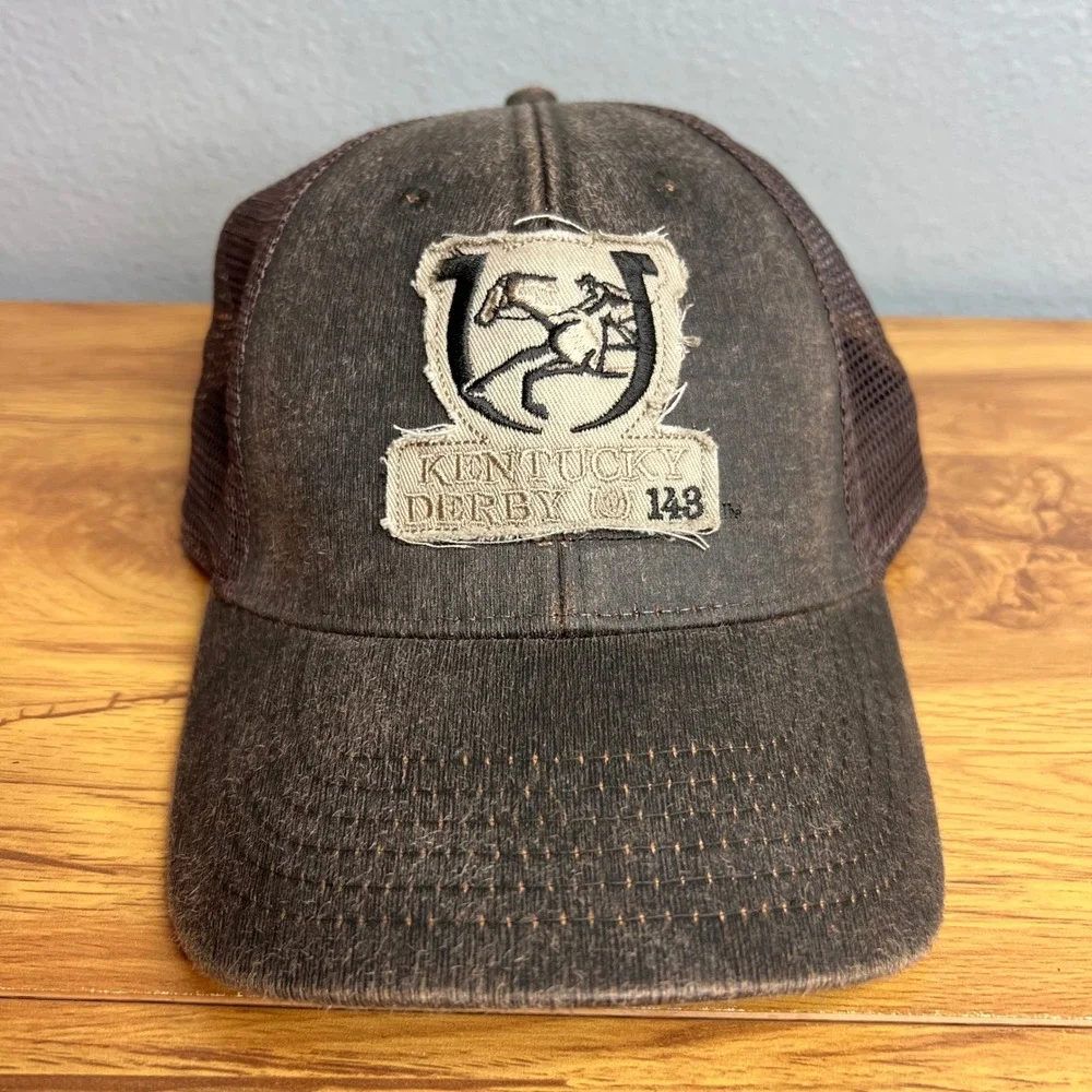 AHEAD Kentucky Derby 143 Cap Hat Distressed Mesh Brown Trucker Snapback